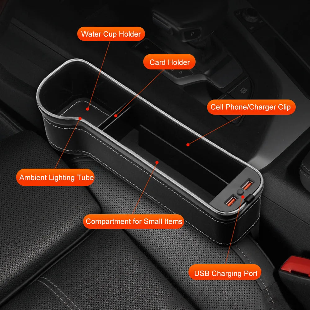 New Car Crevice Storage Box with 2 USB Charger Colorful LED Seat Gap Slit Pocket Seat Organizer Card Phone Bottle Cups Holder - gearheadautofinds