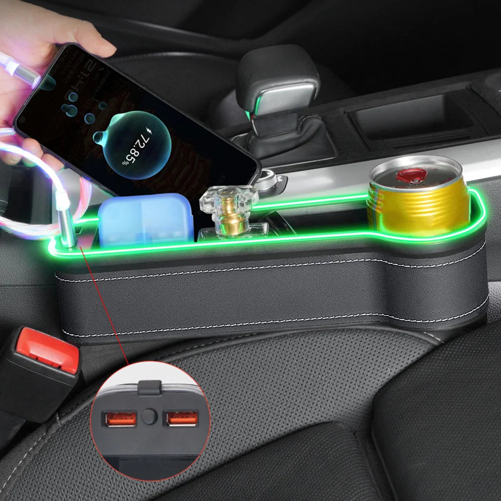 New Car Crevice Storage Box with 2 USB Charger Colorful LED Seat Gap Slit Pocket Seat Organizer Card Phone Bottle Cups Holder - gearheadautofinds