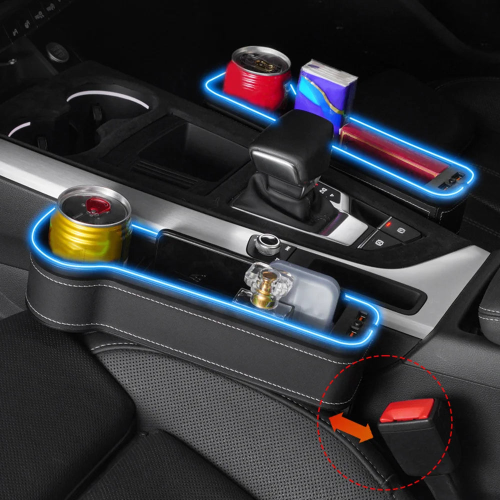 New Car Crevice Storage Box with 2 USB Charger Colorful LED Seat Gap Slit Pocket Seat Organizer Card Phone Bottle Cups Holder - gearheadautofinds