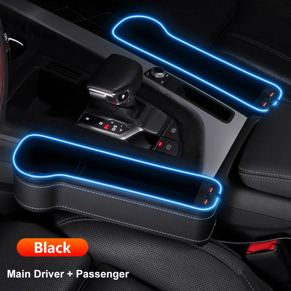 New Car Crevice Storage Box with 2 USB Charger Colorful LED Seat Gap Slit Pocket Seat Organizer Card Phone Bottle Cups Holder - gearheadautofinds